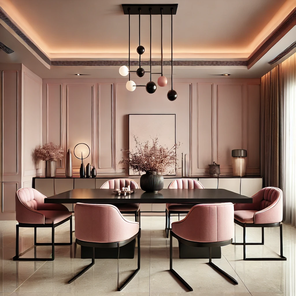 DALL·E 2024-09-22 12.08.46 - A modern luxurious dining room with dusty pink and matte black accents. The dining table features a matte black base with a sleek high-gloss dusty pin